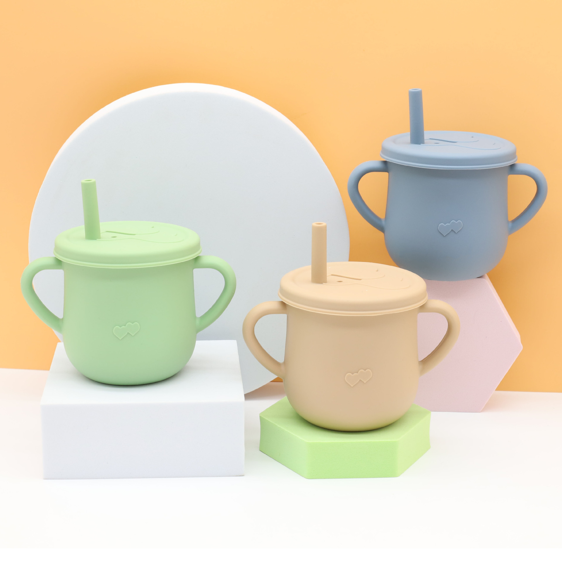 Children&#039;s Silicone Cup with Straw Drinking Cup TwoinOne Training Cup DropResistant AntiSpill Binaural NoSpill Cup