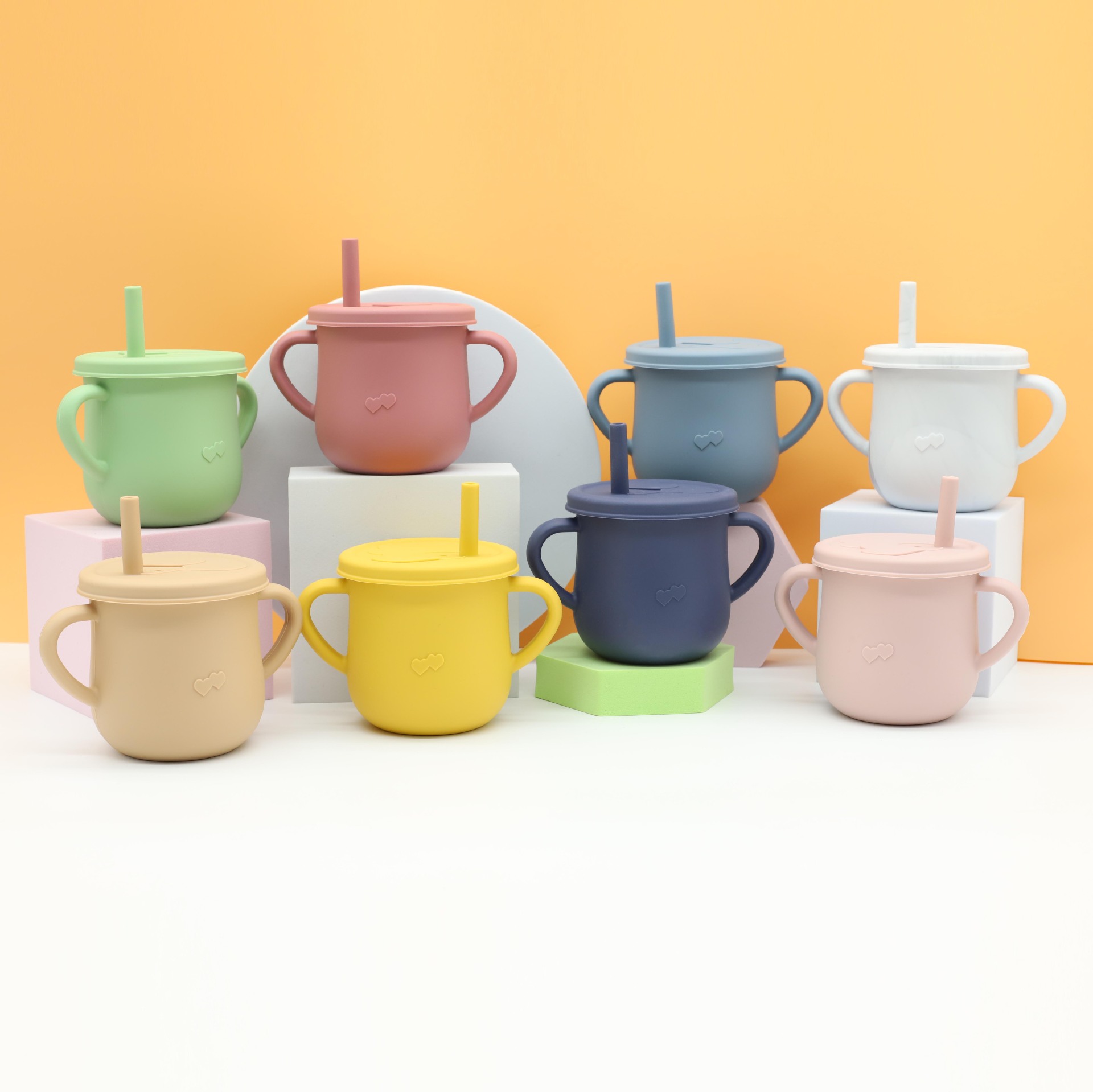 Children&#039;s Silicone Cup with Straw Drinking Cup TwoinOne Training Cup DropResistant AntiSpill Binaural NoSpill Cup