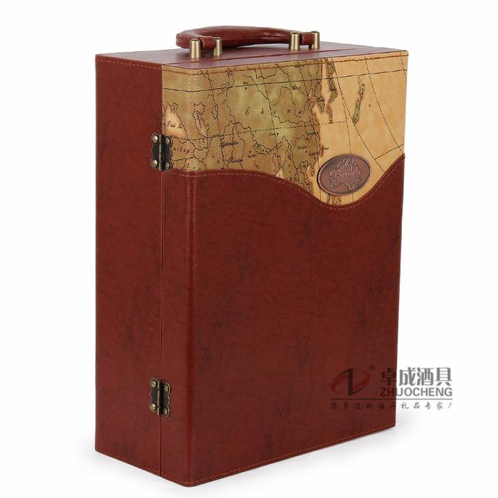 Premium red wine box wine packaging gift boxes-map leather buckle blue double cartridge-ZC-P2536