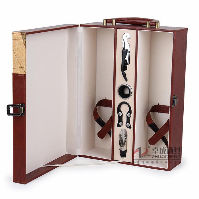 Premium red wine box wine packaging gift boxes-map leather buckle blue double cartridge-ZC-P2536