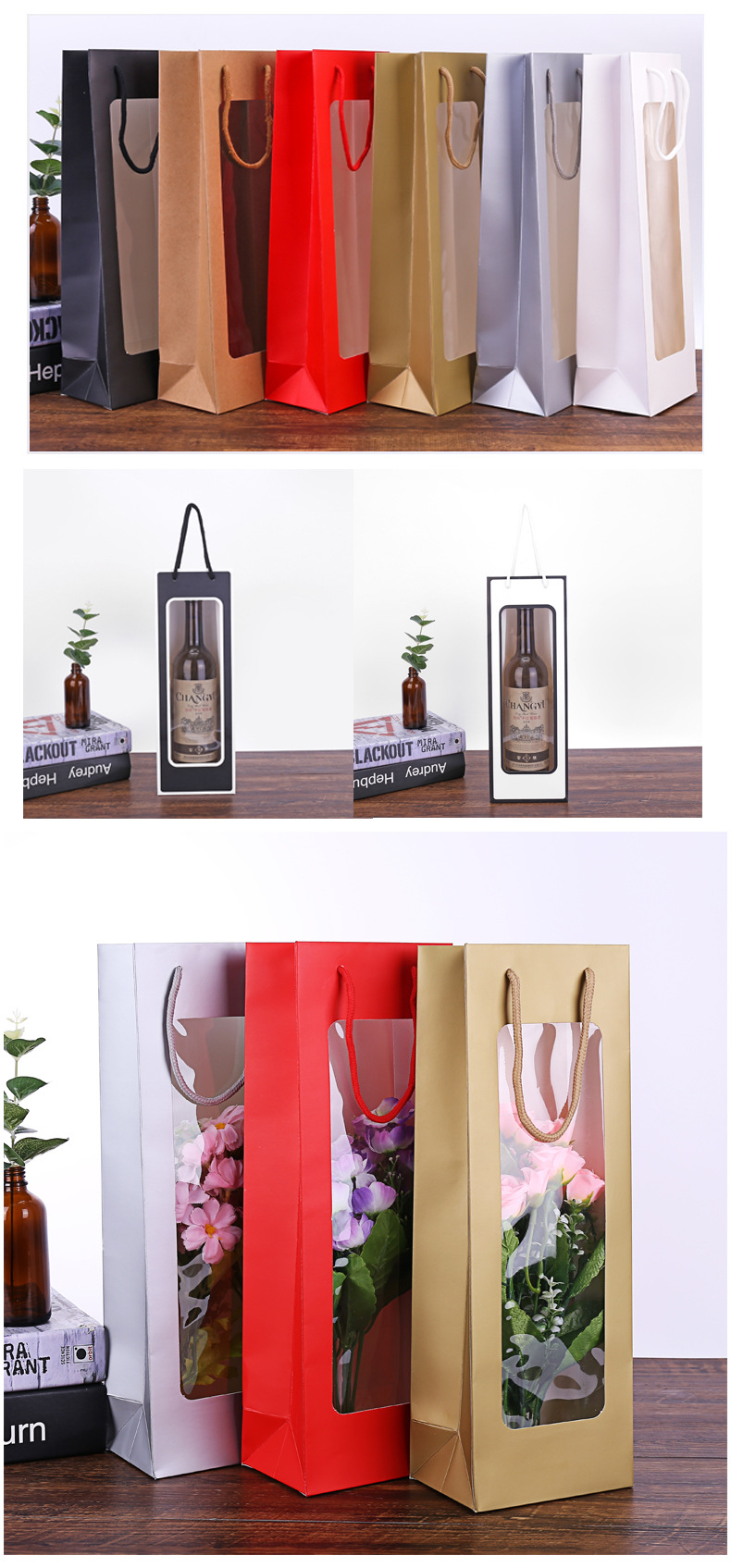 New Kraft Paper Single Red Wine Bag Window Transparent Wine Bag Rectangular Gift Bag Flower Handbag Customization