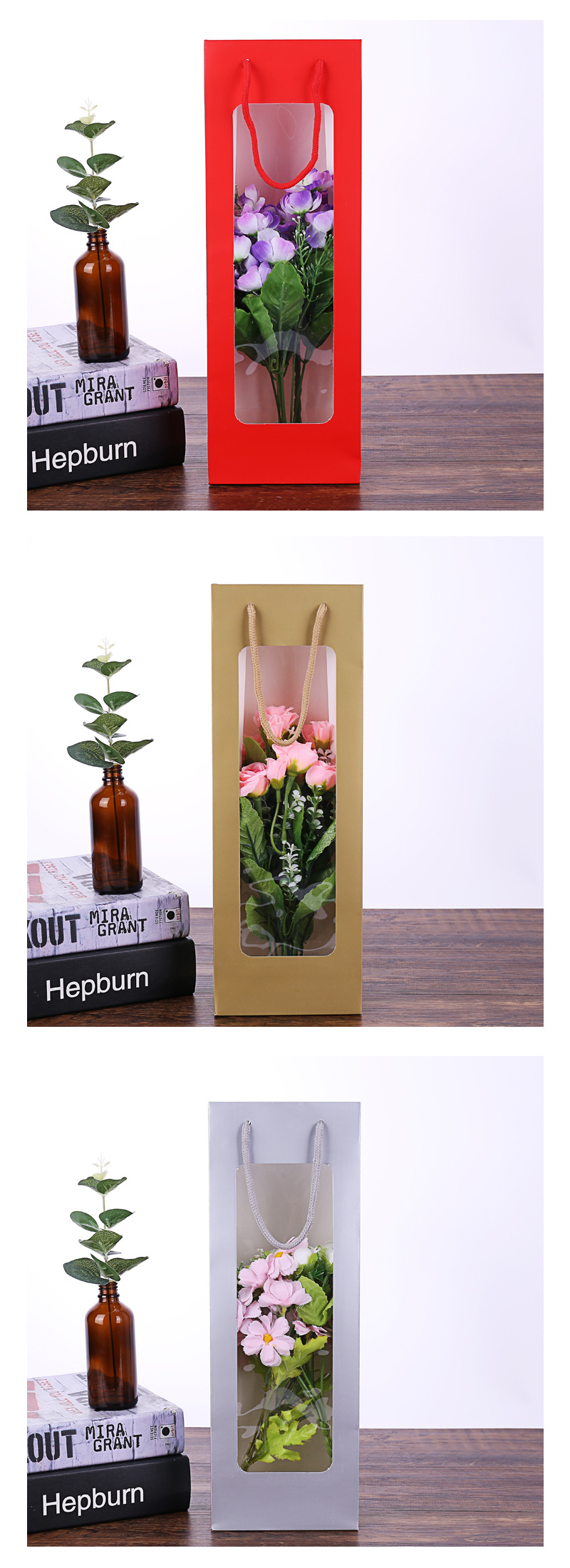 New Kraft Paper Single Red Wine Bag Window Transparent Wine Bag Rectangular Gift Bag Flower Handbag Customization