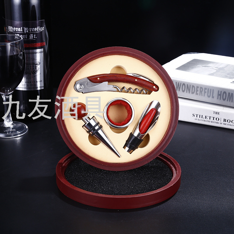 Round Tiandigai Wooden Box Wine Opener Bottle Opener 4-Piece Set Business Gift Customization Round Tiandigai Wooden Box Wine Opener Bottle Opener 4-Piece Set Business Gift Customization