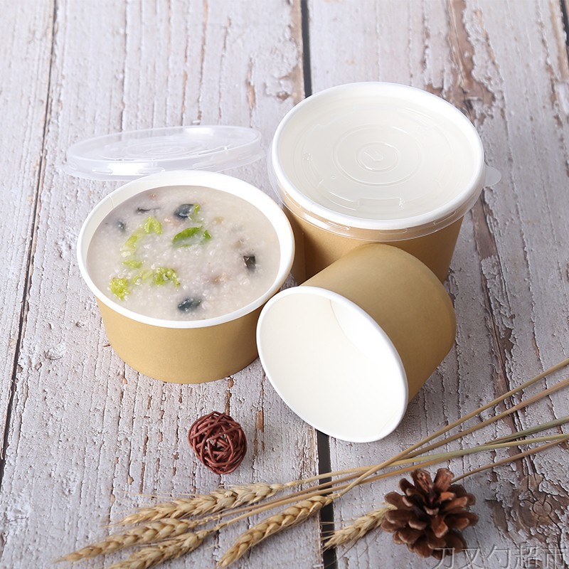 Bogus Kraft Paper Soup Bowl Thickened Disposable with Lid round Soup Box Takeaway Snack Box Cowhide Paper Soup Cup 440ml