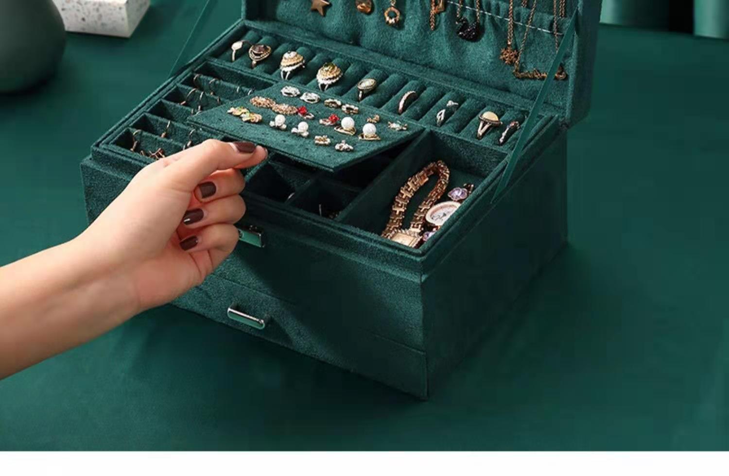 Dark Green Single Double Layer Three-Layer Drawer Jewelry Storage Box Ear Stud and Ring Watch Eyeglasses Packing Box Finishing Dustproof