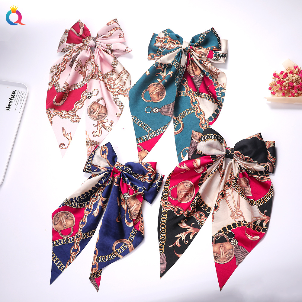 Korean Style New Chain Bow Ribbon Hairpin Simple and Elegant Satin Back Head Spring Clip Hair Accessory Women