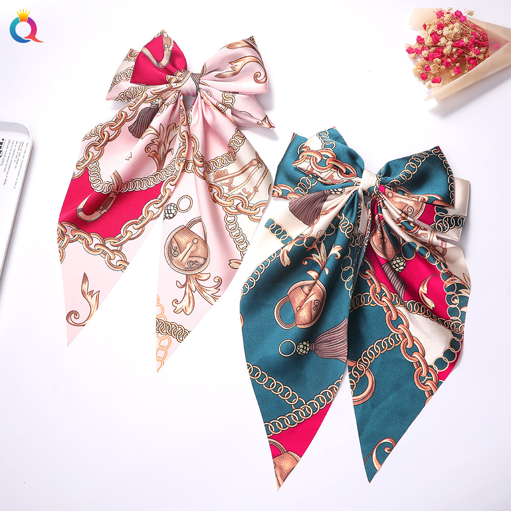 Korean Style New Chain Bow Ribbon Hairpin Simple and Elegant Satin Back Head Spring Clip Hair Accessory Women