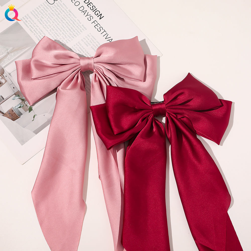 Korean Style New Chain Bow Ribbon Hairpin Simple and Elegant Satin Back Head Spring Clip Hair Accessory Women