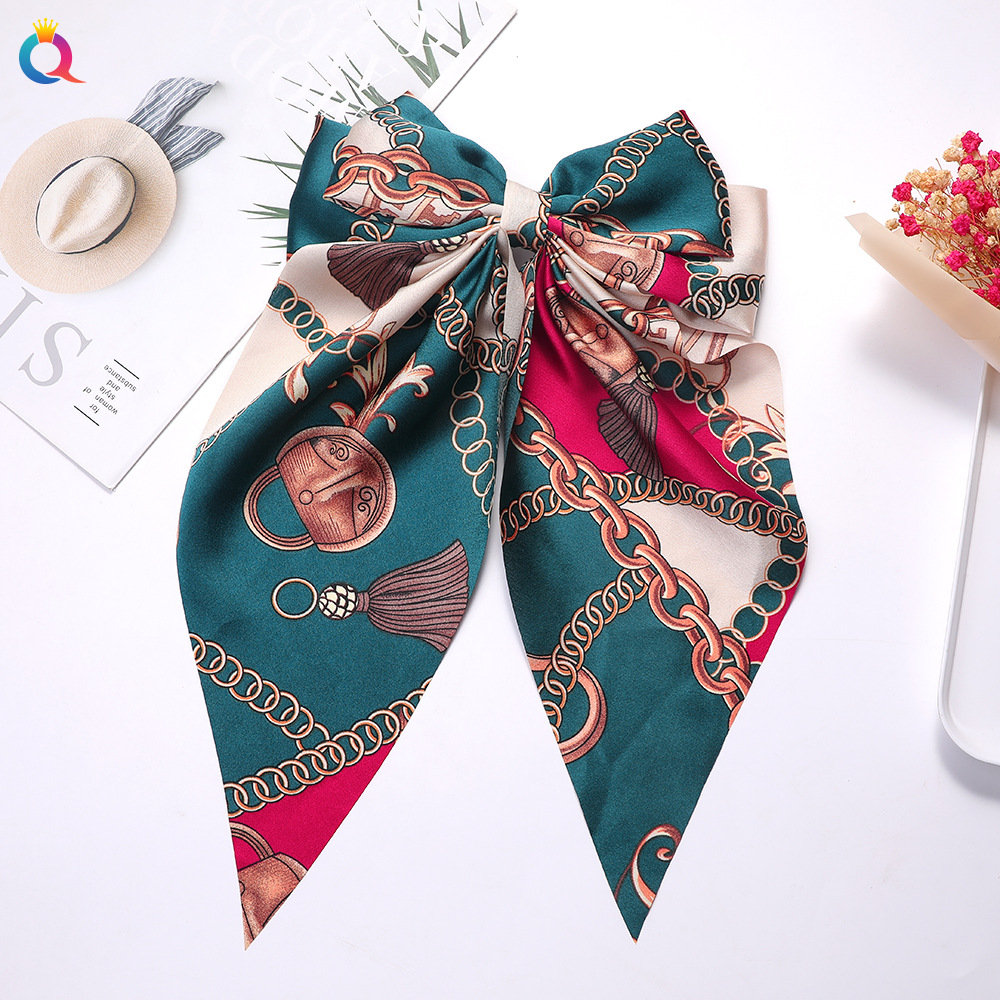 Korean Style New Chain Bow Ribbon Hairpin Simple and Elegant Satin Back Head Spring Clip Hair Accessory Women