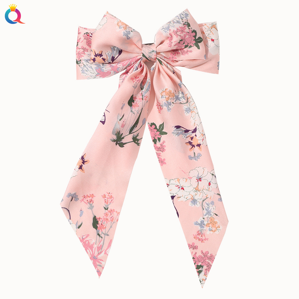 Korean Style New Chain Bow Ribbon Hairpin Simple and Elegant Satin Back Head Spring Clip Hair Accessory Women