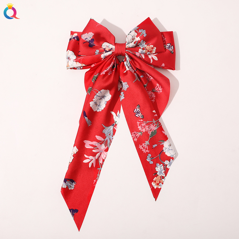 Korean Style New Chain Bow Ribbon Hairpin Simple and Elegant Satin Back Head Spring Clip Hair Accessory Women