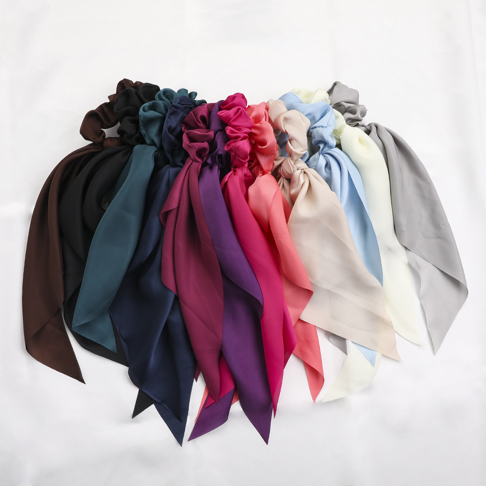 Qiyue European and American New Knot Ribbon Satin Large Intestine Ring Monochrome Silky Square Scarf Hair Ring Women's Ponytail Tie Hair