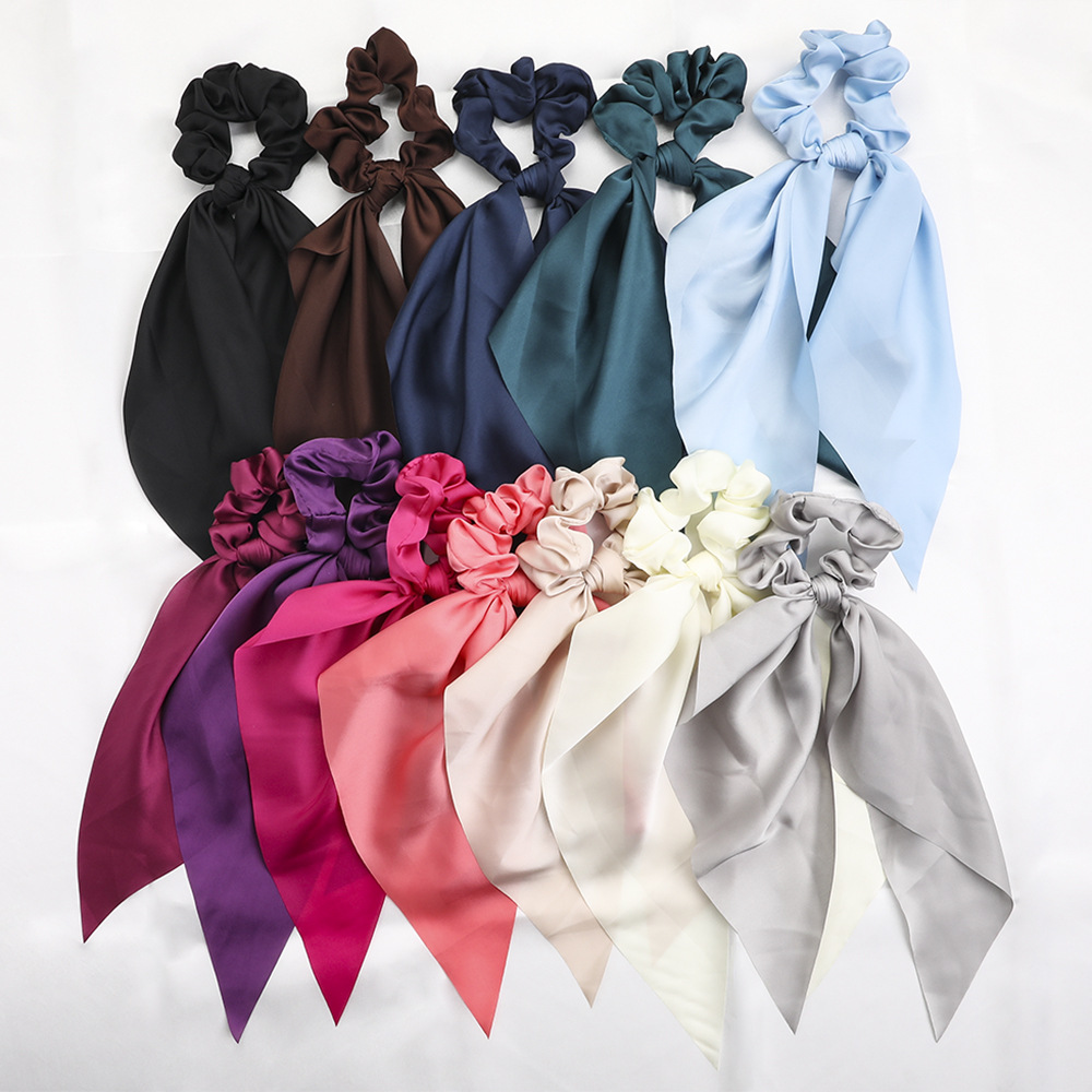 Qiyue European and American New Knot Ribbon Satin Large Intestine Ring Monochrome Silky Square Scarf Hair Ring Women's Ponytail Tie Hair