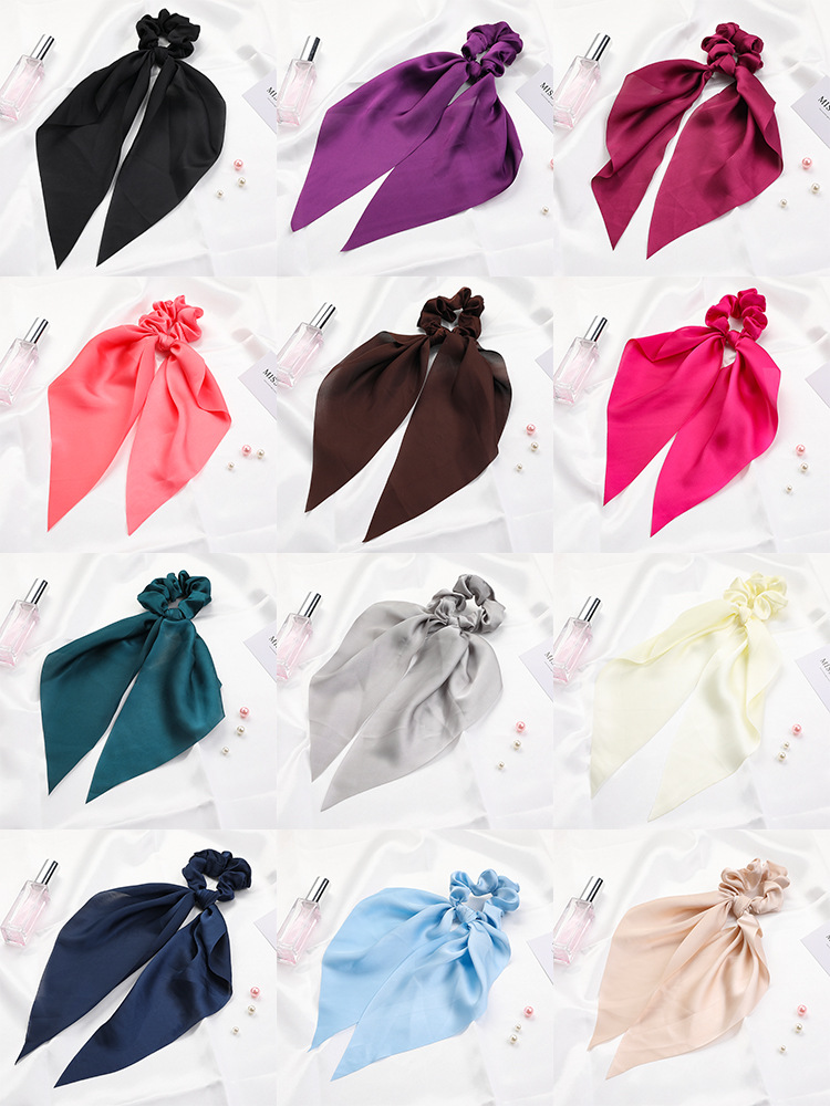 Qiyue European and American New Knot Ribbon Satin Large Intestine Ring Monochrome Silky Square Scarf Hair Ring Women's Ponytail Tie Hair