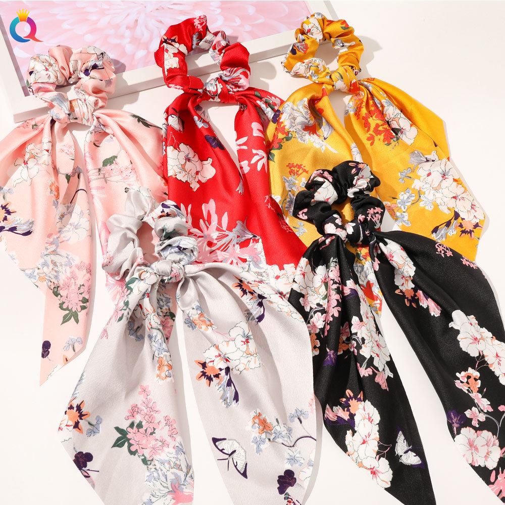 Qiyue European and American New Knot Ribbon Satin Large Intestine Ring Monochrome Silky Square Scarf Hair Ring Women's Ponytail Tie Hair