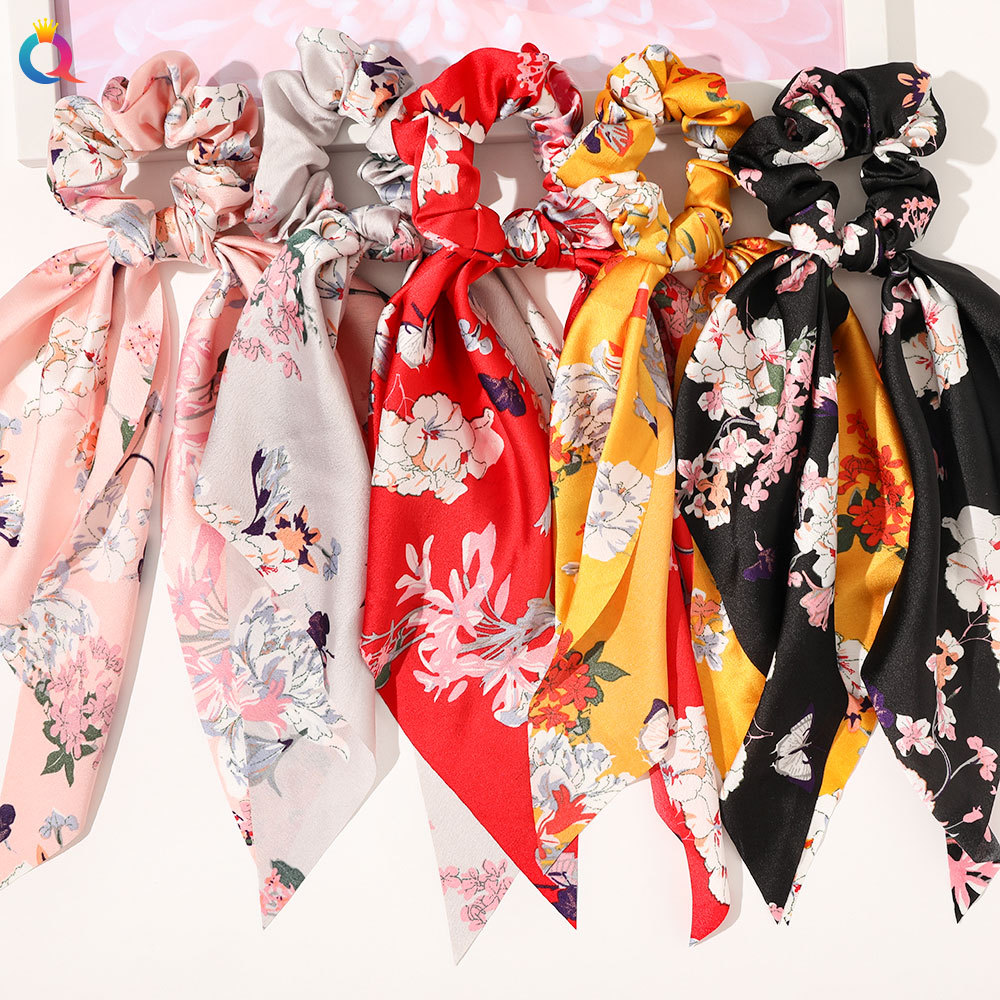 Qiyue European and American New Knot Ribbon Satin Large Intestine Ring Monochrome Silky Square Scarf Hair Ring Women's Ponytail Tie Hair