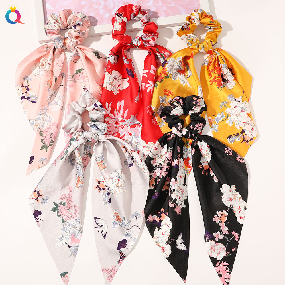 Qiyue European and American New Knot Ribbon Satin Large Intestine Ring Monochrome Silky Square Scarf Hair Ring Women's Ponytail Tie Hair