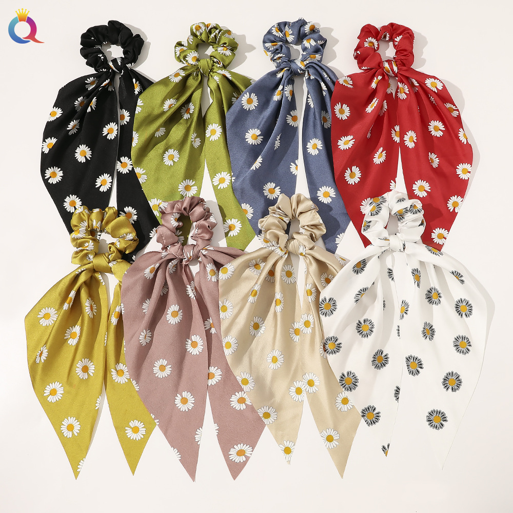 Qiyue European and American New Knot Ribbon Satin Large Intestine Ring Monochrome Silky Square Scarf Hair Ring Women's Ponytail Tie Hair