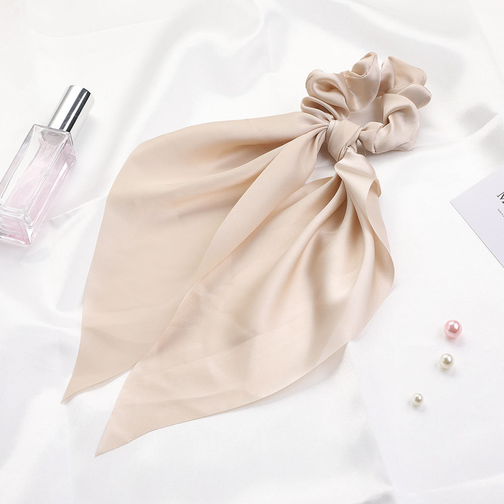 Qiyue European and American New Knot Ribbon Satin Large Intestine Ring Monochrome Silky Square Scarf Hair Ring Women's Ponytail Tie Hair