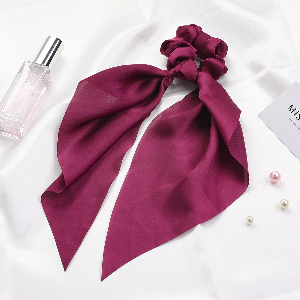 Qiyue European and American New Knot Ribbon Satin Large Intestine Ring Monochrome Silky Square Scarf Hair Ring Women's Ponytail Tie Hair