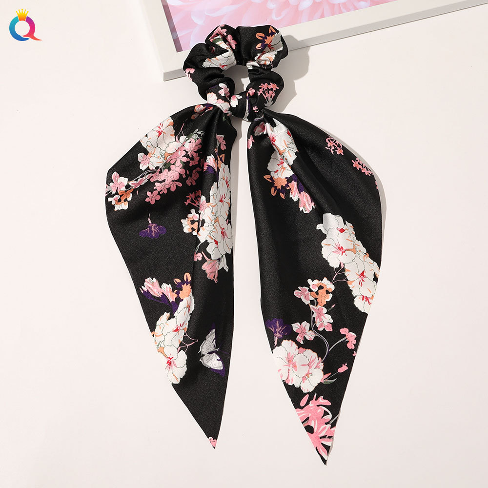 Qiyue European and American New Knot Ribbon Satin Large Intestine Ring Monochrome Silky Square Scarf Hair Ring Women's Ponytail Tie Hair