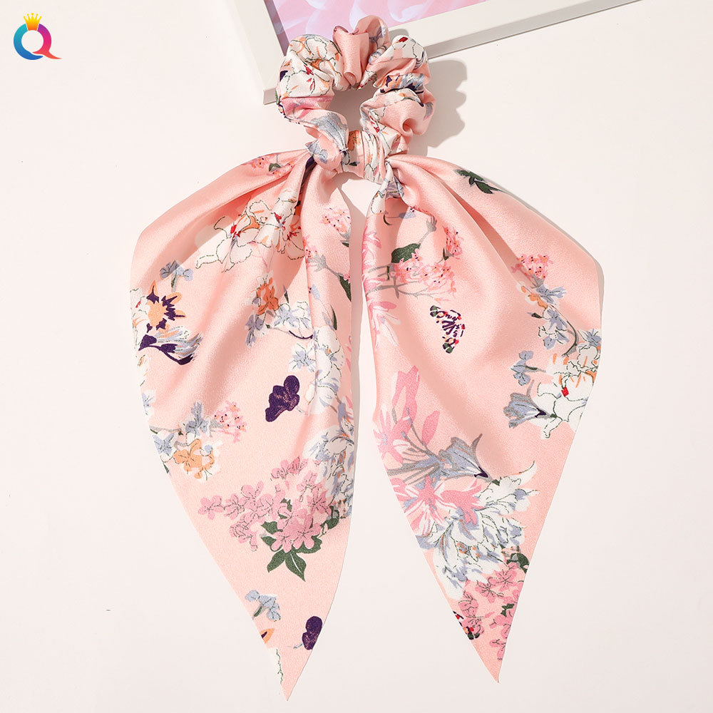 Qiyue European and American New Knot Ribbon Satin Large Intestine Ring Monochrome Silky Square Scarf Hair Ring Women's Ponytail Tie Hair