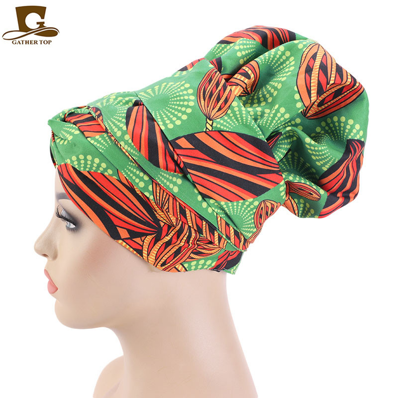 New African Print Satin Ribbon round Cap Tam-O'-Shanter Wrap Scarf Scarf Hat TJM-434B