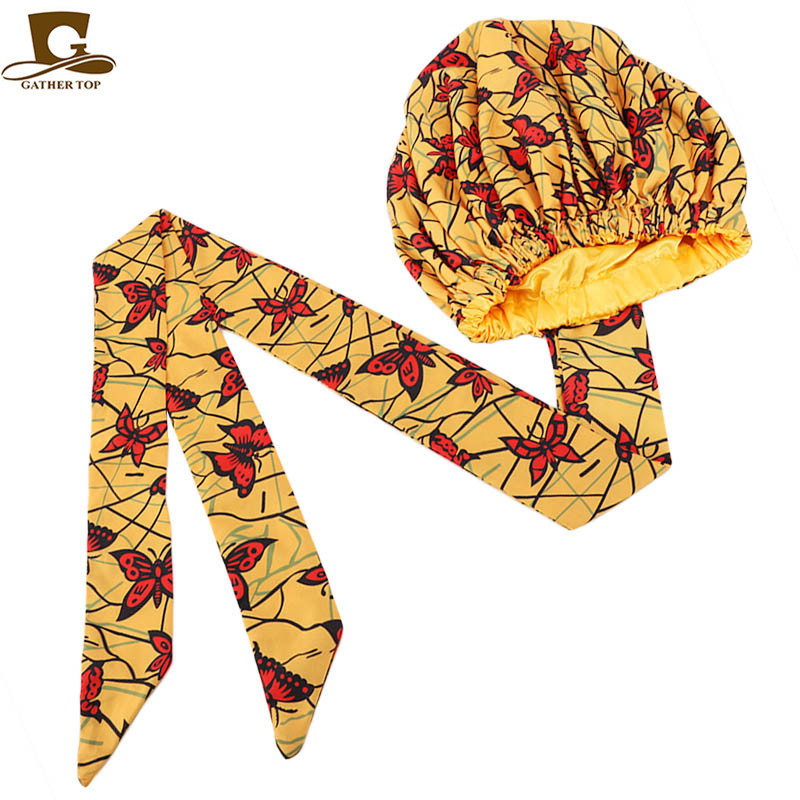 New African Print Satin Ribbon round Cap Tam-O'-Shanter Wrap Scarf Scarf Hat TJM-434B