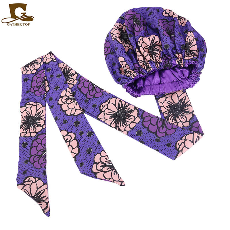 New African Print Satin Ribbon round Cap Tam-O'-Shanter Wrap Scarf Scarf Hat TJM-434B
