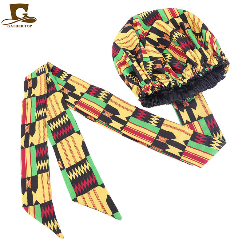 New African Print Satin Ribbon round Cap Tam-O'-Shanter Wrap Scarf Scarf Hat TJM-434B