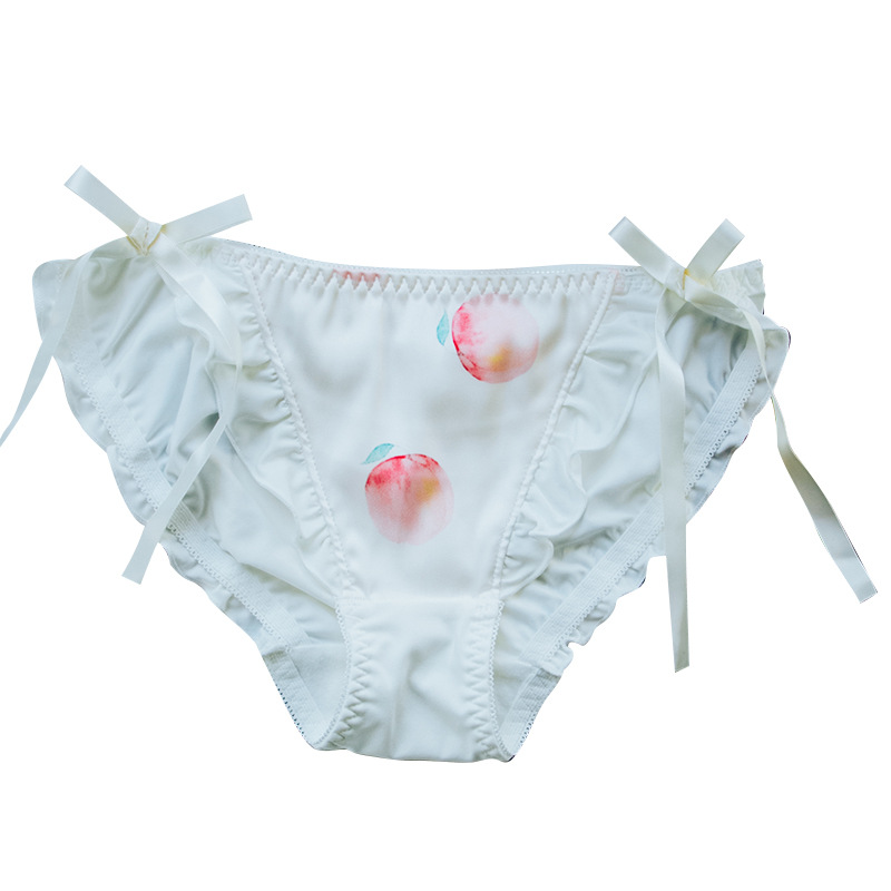 Summer New Printed Mid Waist Milk Silk Women&#039;s Underwear Satin Wooden Ear Ribbon Briefs Girl&#039;s Underwear
