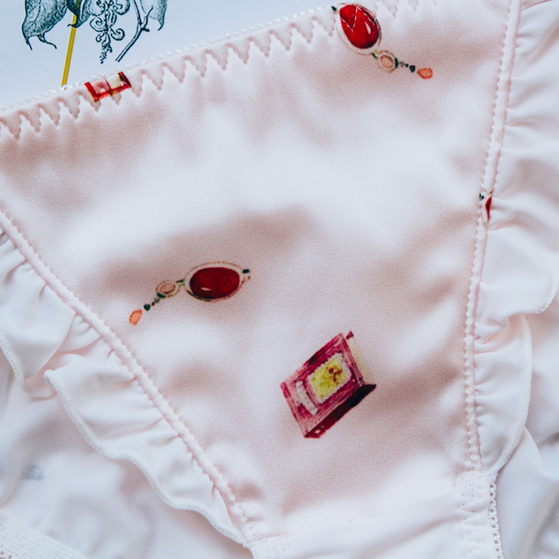 Summer New Printed Mid Waist Milk Silk Women&#039;s Underwear Satin Wooden Ear Ribbon Briefs Girl&#039;s Underwear