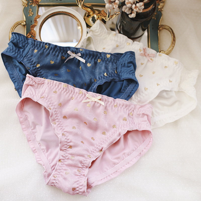 Summer New Printed Mid Waist Milk Silk Women's Underwear Satin Wooden Ear Ribbon Briefs Girl's Underwear Summer New Printed Mid Waist Milk Silk Women's Underwear Satin Wooden Ear Ribbon Briefs Girl's Underwear