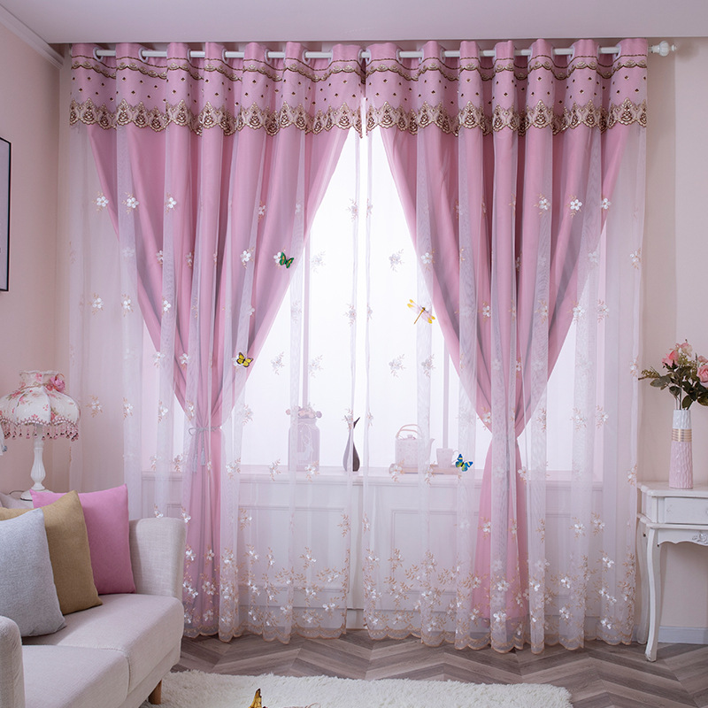 2020 New Curtain Punch-Free Installation Nordic Simple Living Room Bedroom Double-Layer Cloth Lace Linen Volume