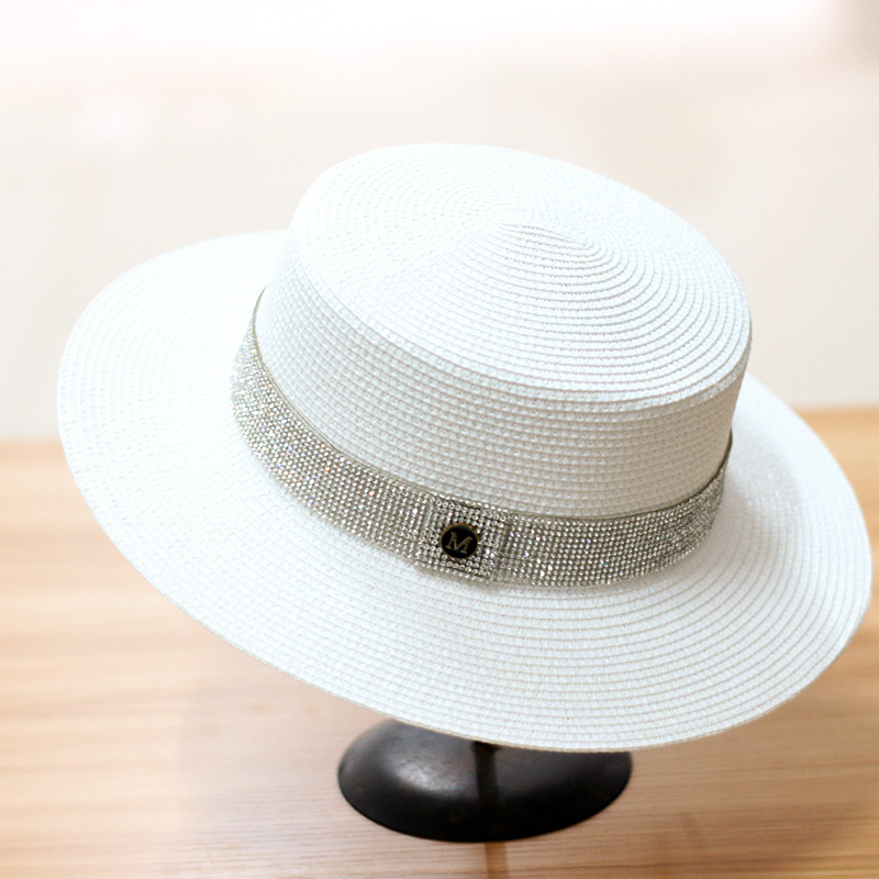 Summer New Sun Li Hat Female Custom M Label Diamond Flat Top Hat Jazz Hat Raffia Sun Hat