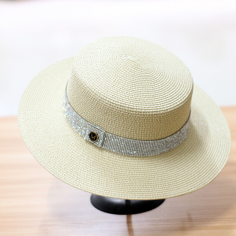 Summer New Sun Li Hat Female Custom M Label Diamond Flat Top Hat Jazz Hat Raffia Sun Hat