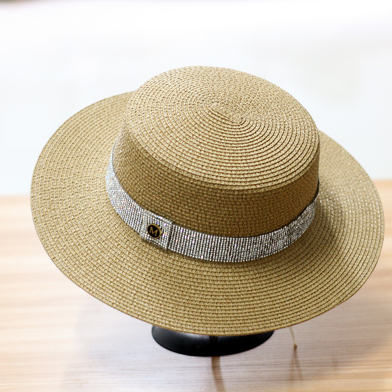 Summer New Sun Li Hat Female Custom M Label Diamond Flat Top Hat Jazz Hat Raffia Sun Hat Summer New Sun Li Hat Female Custom M Label Diamond Flat Top Hat Jazz Hat Raffia Sun Hat