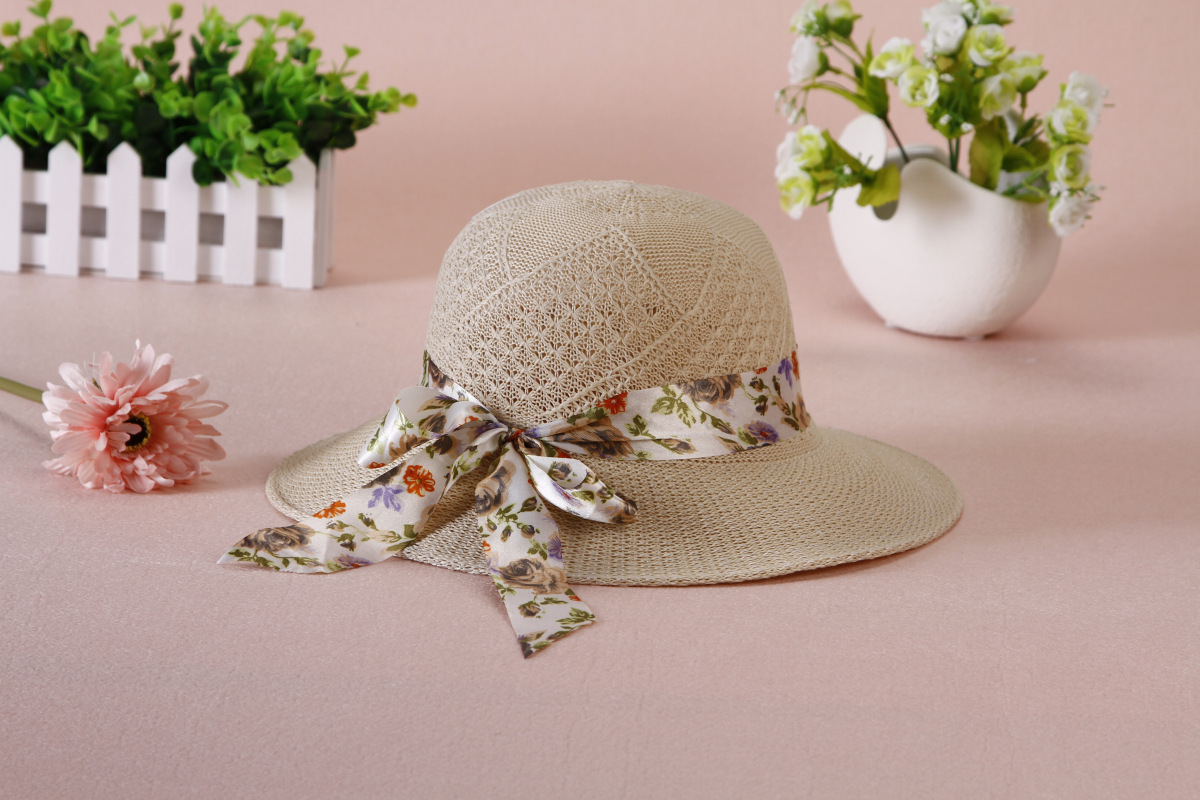Spring Summer Outdoor Sun Hat Raffia Hat Women's Knitted Mom Style Hat Big Brim Ribbon Sun Hat Bucket Hat