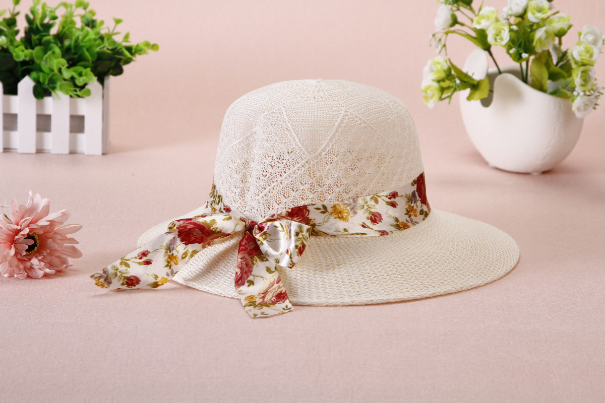 Spring Summer Outdoor Sun Hat Raffia Hat Women's Knitted Mom Style Hat Big Brim Ribbon Sun Hat Bucket Hat