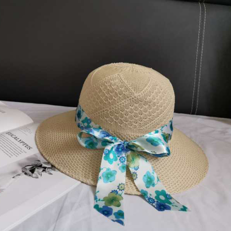 Spring Summer Outdoor Sun Hat Raffia Hat Women's Knitted Mom Style Hat Big Brim Ribbon Sun Hat Bucket Hat