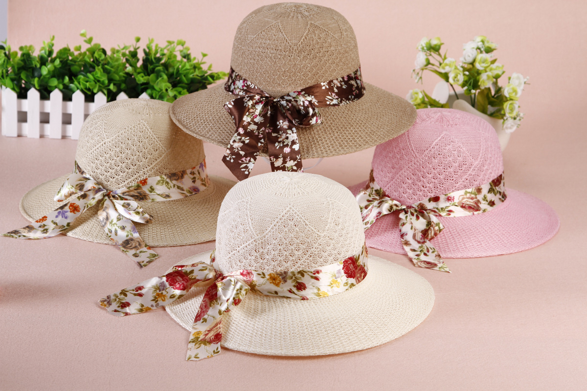 Spring Summer Outdoor Sun Hat Raffia Hat Women's Knitted Mom Style Hat Big Brim Ribbon Sun Hat Bucket Hat
