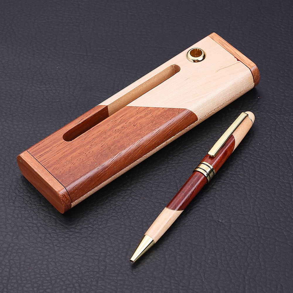 Vintage Rosewood Wood Splicing Ballpoint Pen Suit Wood Splicing Pencil Case Customized Enterprise Logo Creative Craft Gift Wooden Box