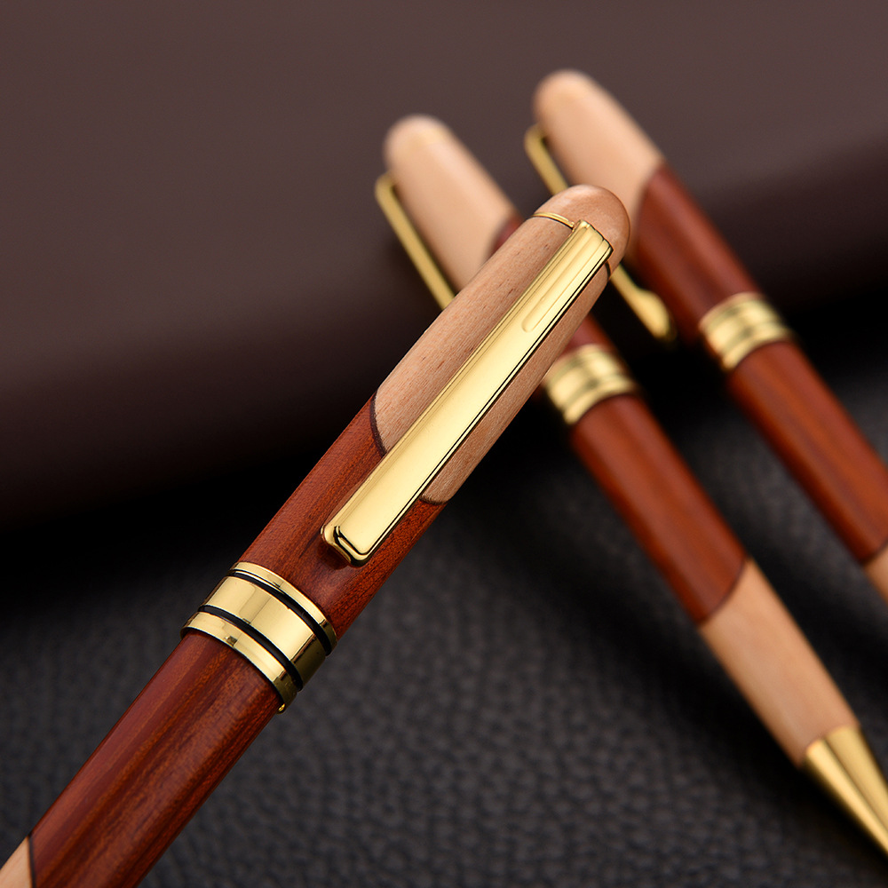 Vintage Rosewood Wood Splicing Ballpoint Pen Suit Wood Splicing Pencil Case Customized Enterprise Logo Creative Craft Gift Wooden Box