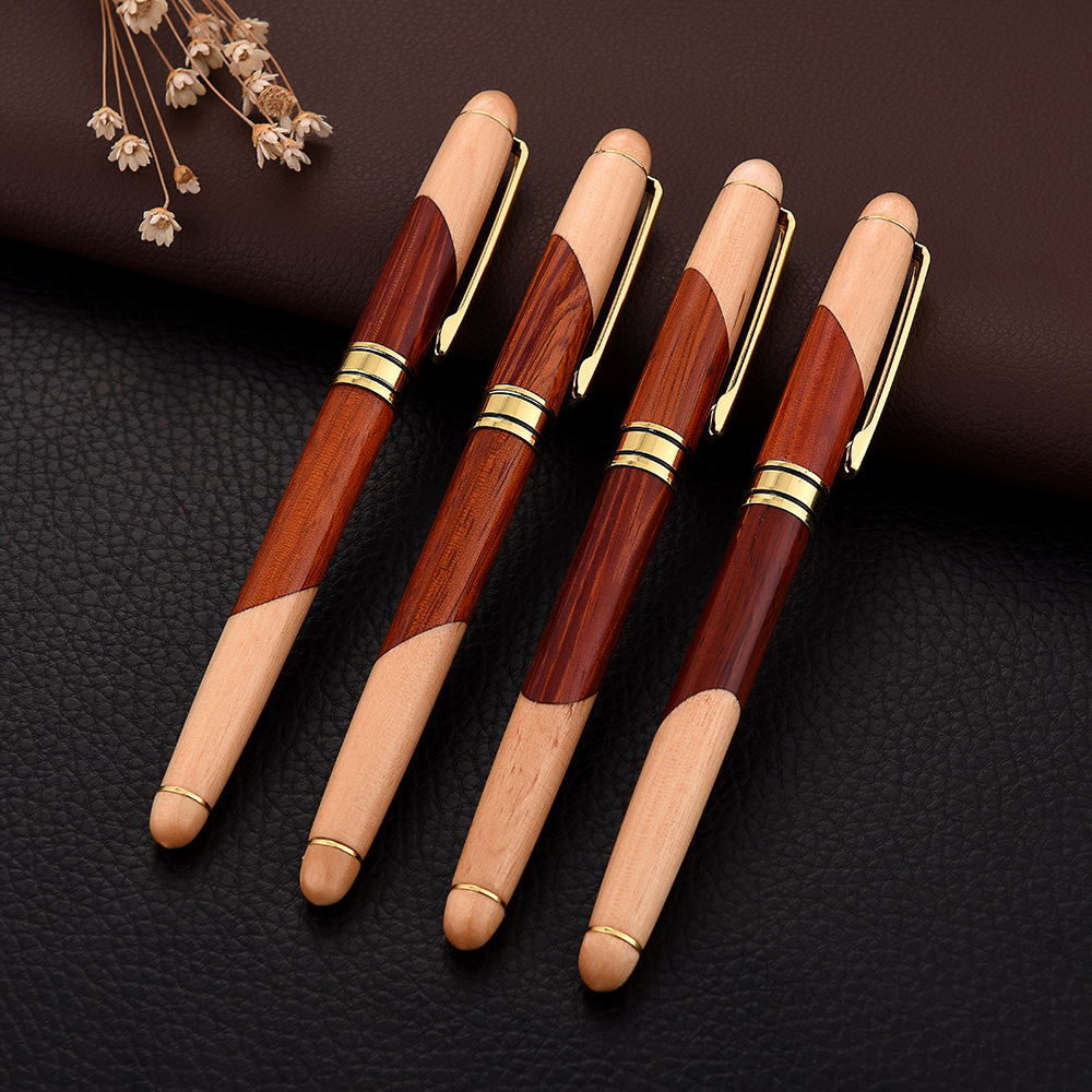 Vintage Rosewood Wood Splicing Ballpoint Pen Suit Wood Splicing Pencil Case Customized Enterprise Logo Creative Craft Gift Wooden Box