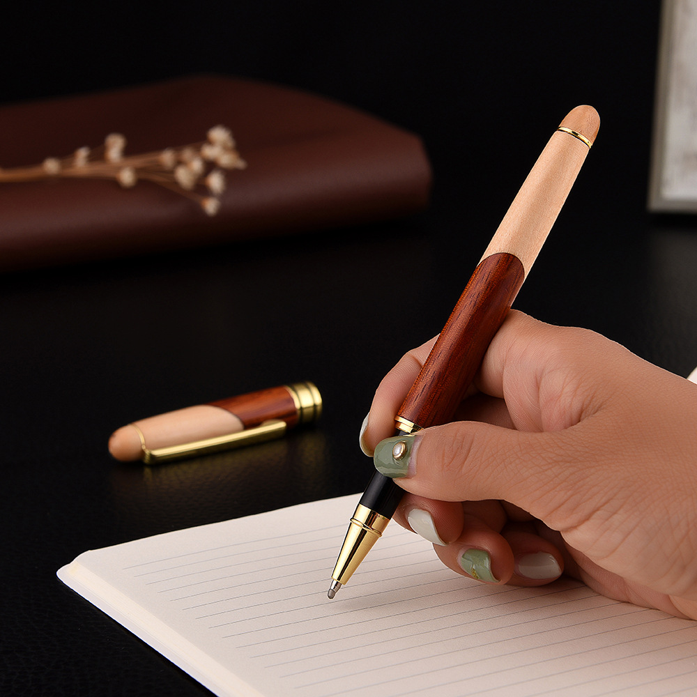 Vintage Rosewood Wood Splicing Ballpoint Pen Suit Wood Splicing Pencil Case Customized Enterprise Logo Creative Craft Gift Wooden Box