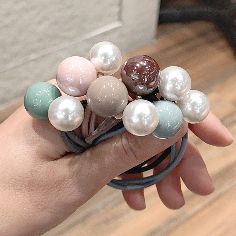 Women&#039;s Korean-Style Solid Color Pearl Hair Elastic Hair Rope Korean Internet Celebrity Rubber Band Headdress Double-Line Leather Case Beam Hair Circle