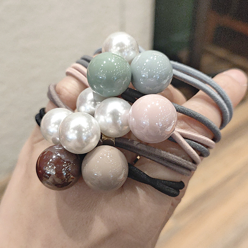 Women's Korean-Style Solid Color Pearl Hair Elastic Hair Rope Korean Internet Celebrity Rubber Band Headdress Double-Line Leather Case Beam Hair Circle Women's Korean-Style Solid Color Pearl Hair Elastic Hair Rope Korean Internet Celebrity Rubber Band Headdress Double-Line Leather Case Beam Hair Circle