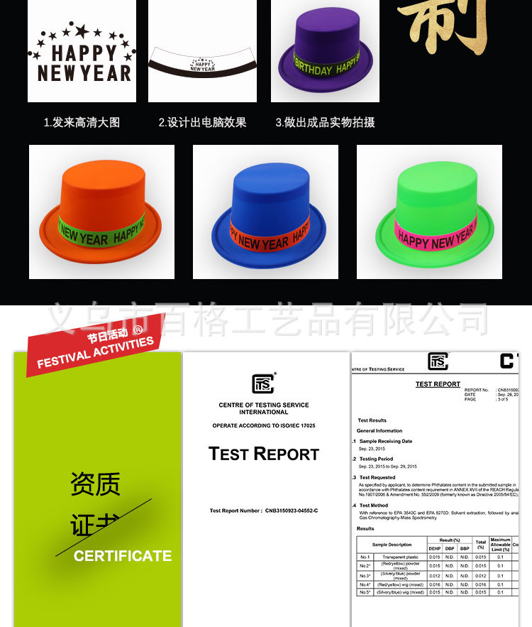Monochrome Fluorescent a Tall Hat Stickers Happy New Year PVC Plastic Cap New Year Party Special Factory Direct Sales Custom Printing