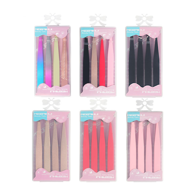 Stainless Steel Eyebrow Tweezers Set Oblique Mouth Pointed Mouth Hook Tip Plucking Tweezers Paper Card Plastic Box Set
