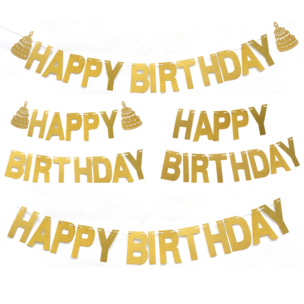 Factory Direct Sales Glitter Happy Birthday Golden Silver Letter Hang Tag Latte Art Birthday Party Hanging Flag